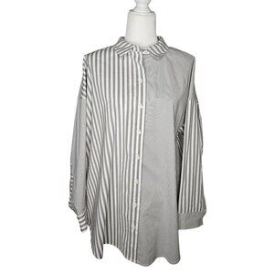 J. Jill Wearever Collection XL Gray Striped Lagenlook Oversized Buttondown Shirt